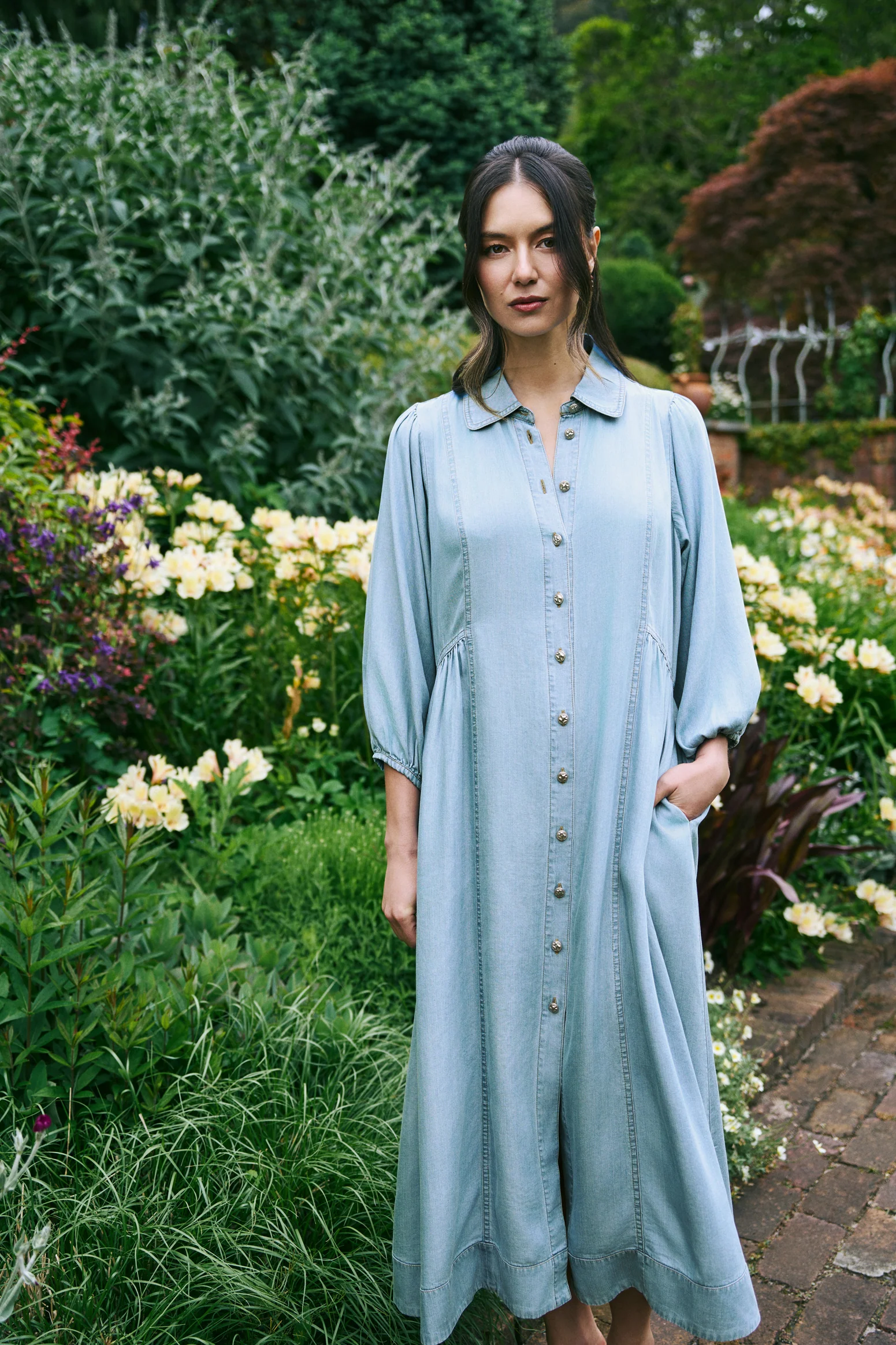 Chambray Puff Sleeve Dress - Light Chambray - Image 2