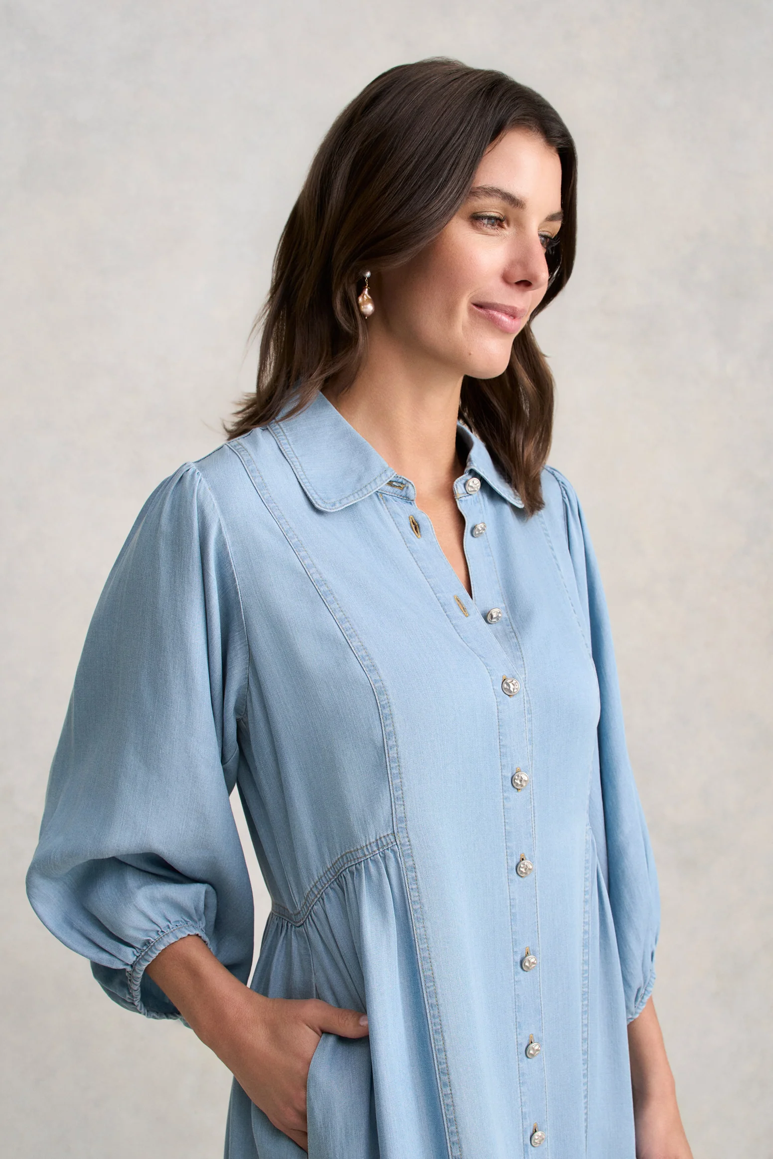 Chambray Puff Sleeve Dress - Light Chambray - Image 4