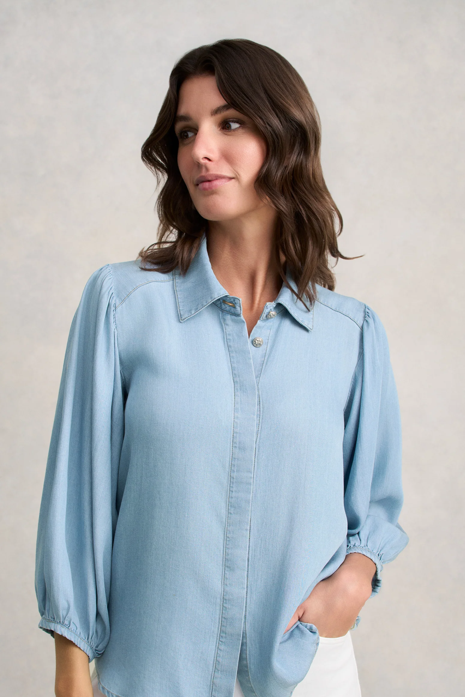Chambray Puff Sleeve Shirt - Light Chambray - Image 4