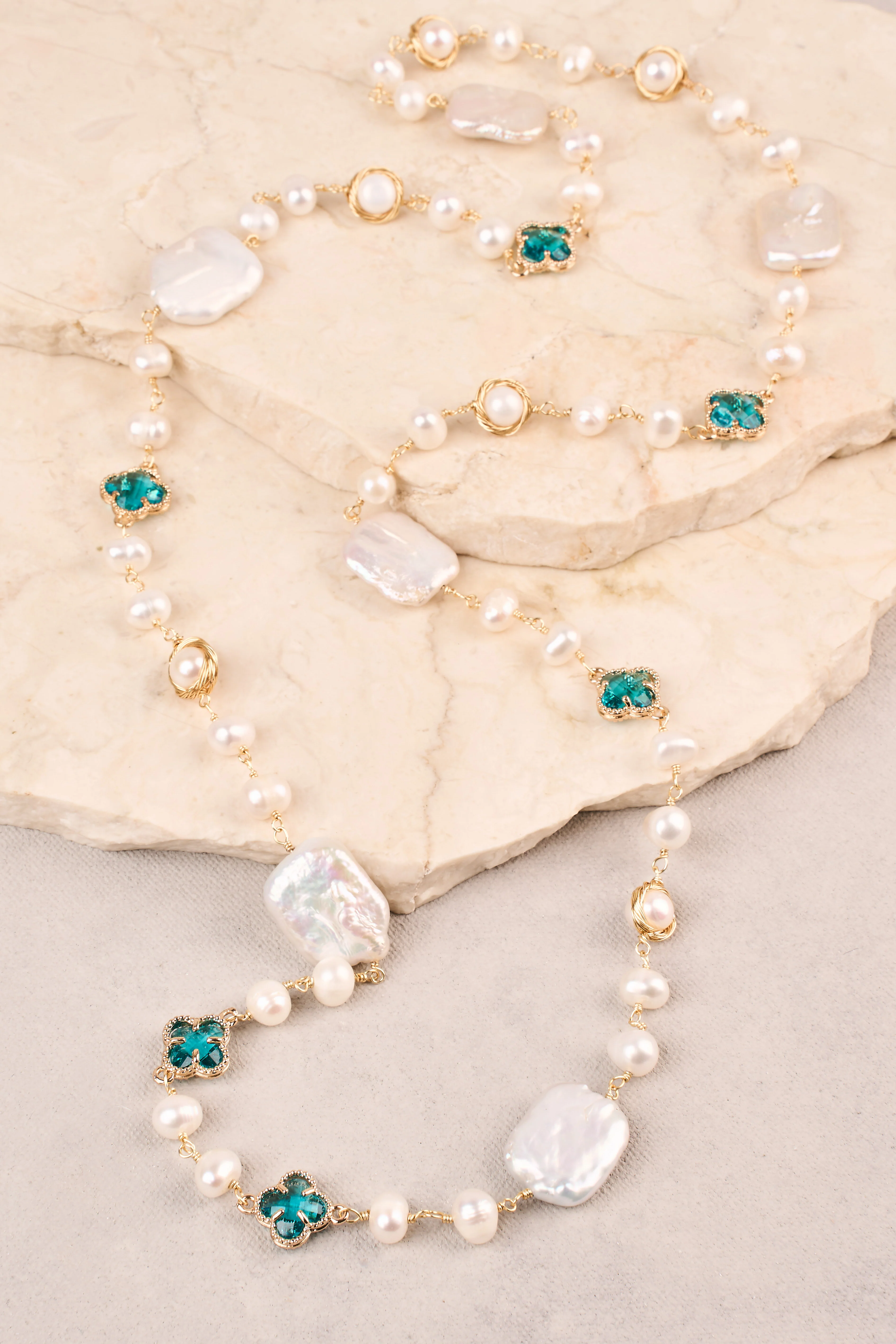 Organic Fresh Water Pearl Clover Necklace – Turquoise - Image 2