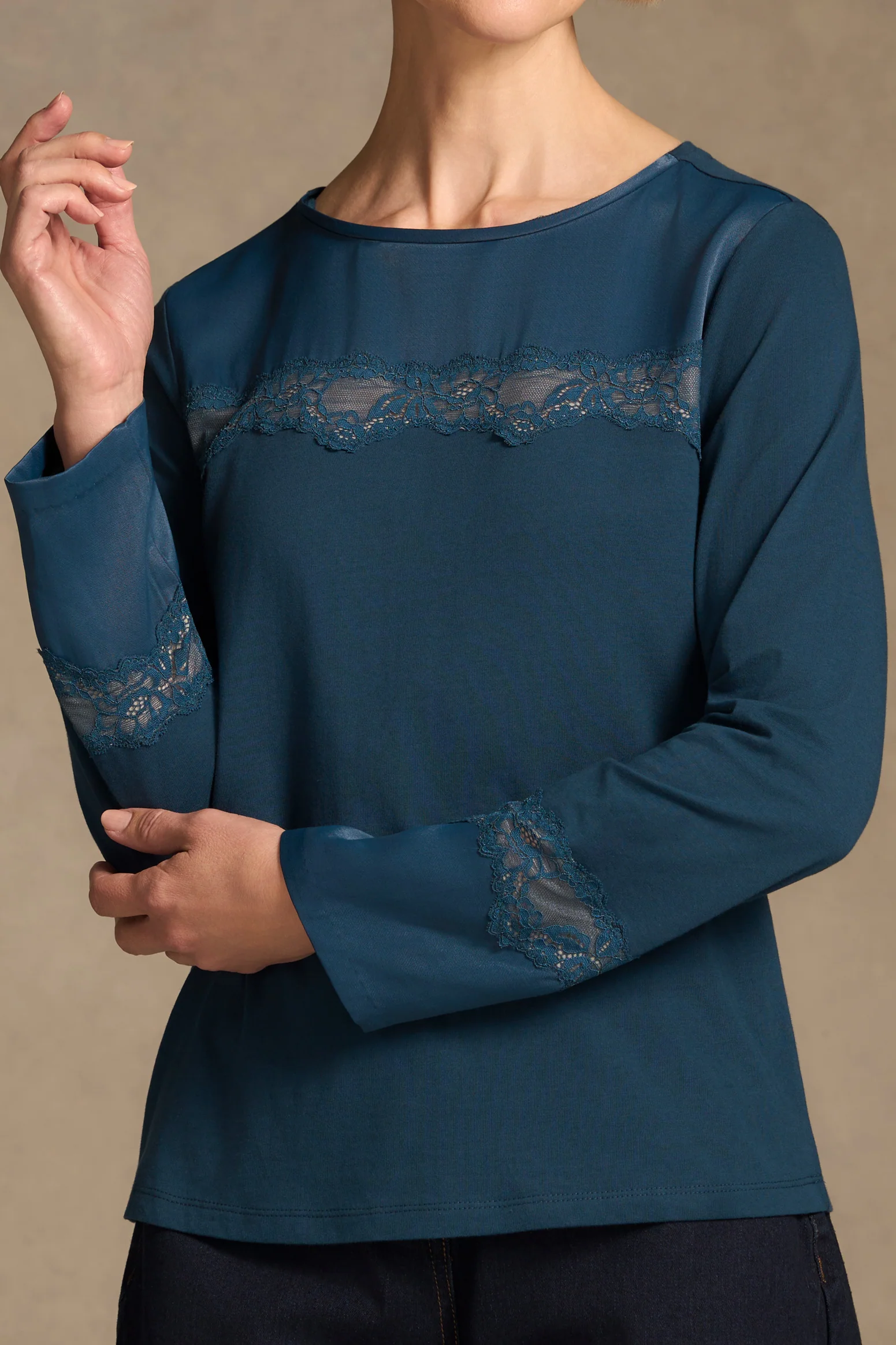 Lace Insert T-Shirt - Steel Blue - Image 5