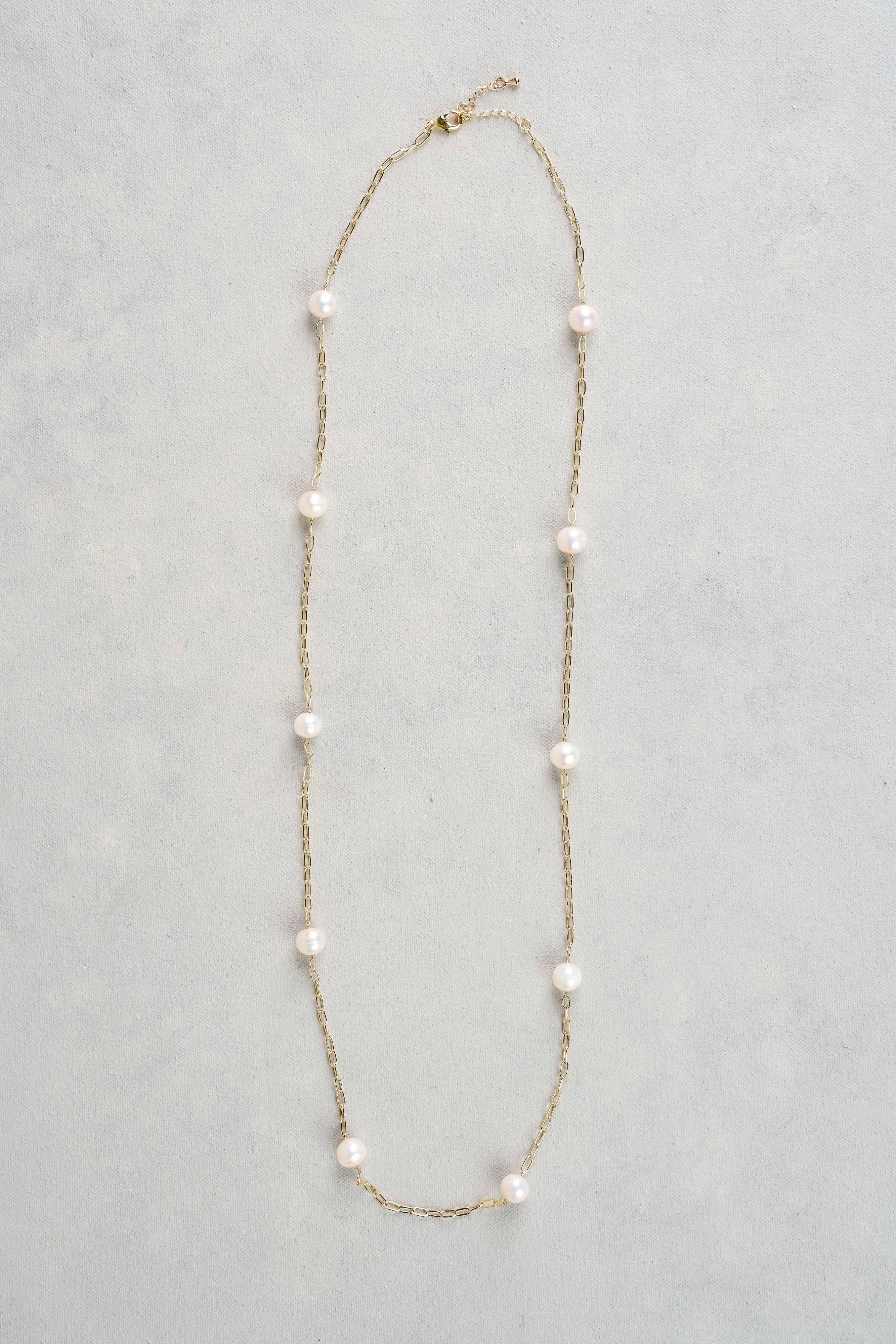 Pearl Chain Long Necklace - Gold - Image 3