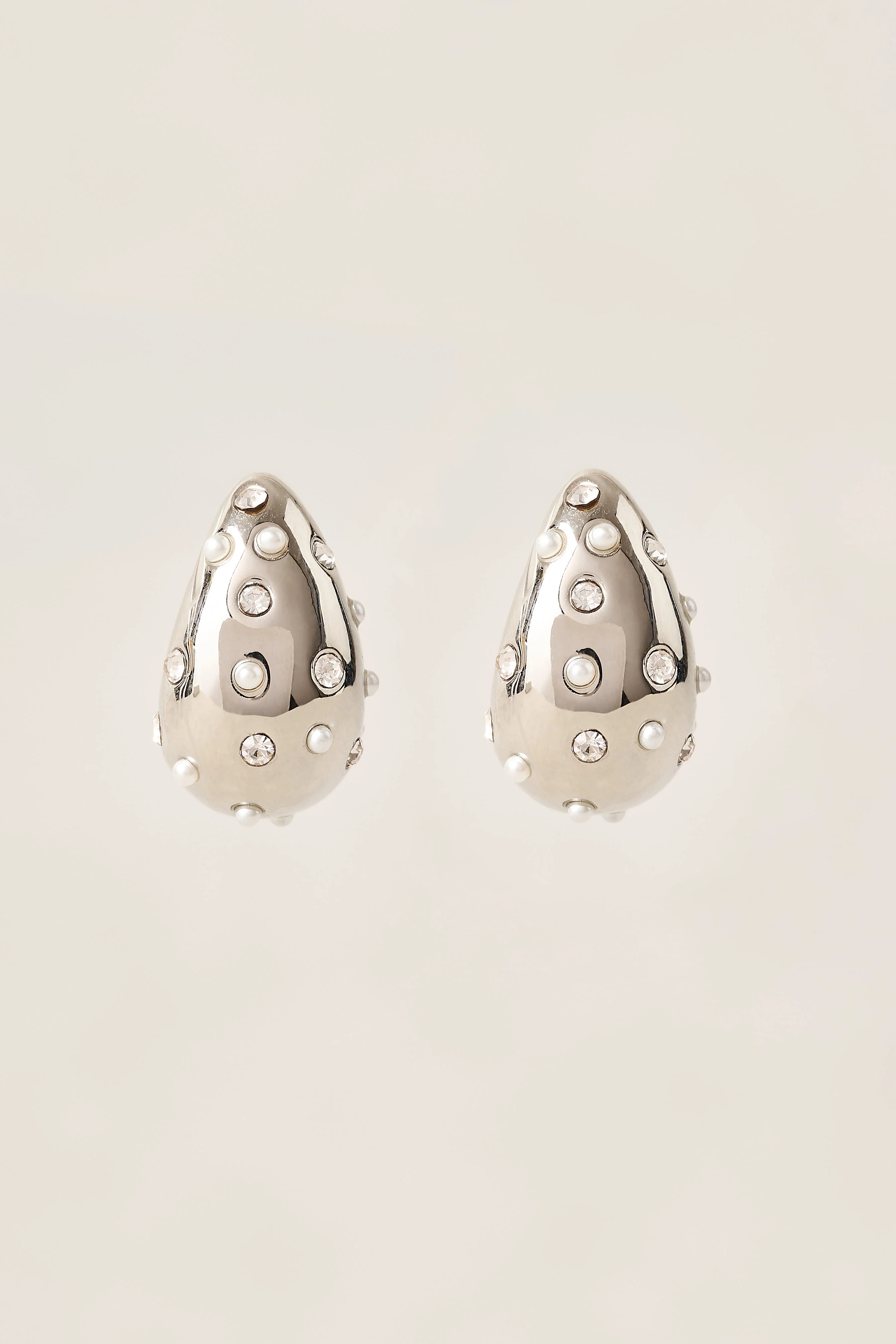 Pearl & Diamante Teardrop Studs - Silver