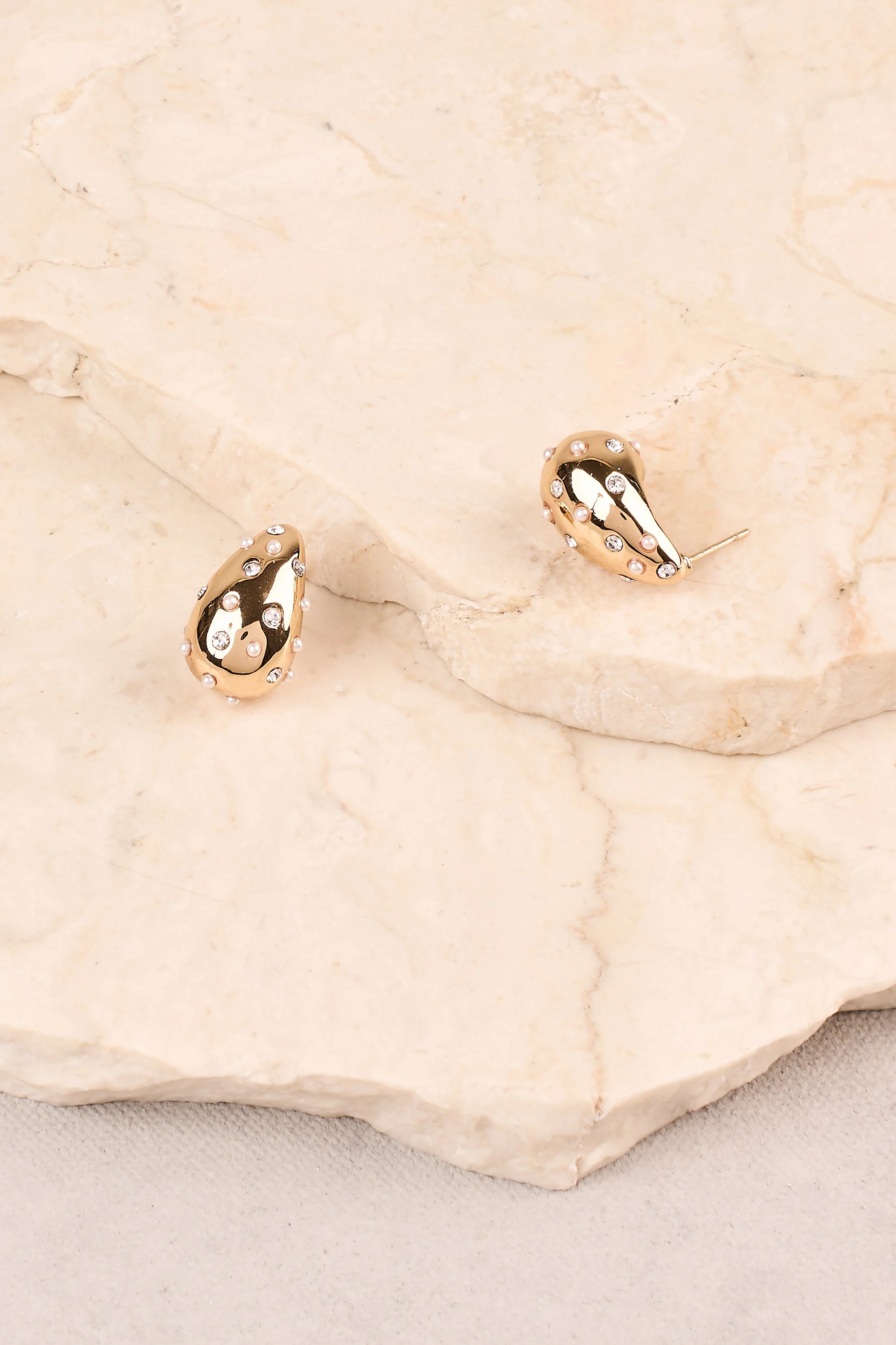 Pearl & Diamante Teardrop Studs - Gold - Image 3