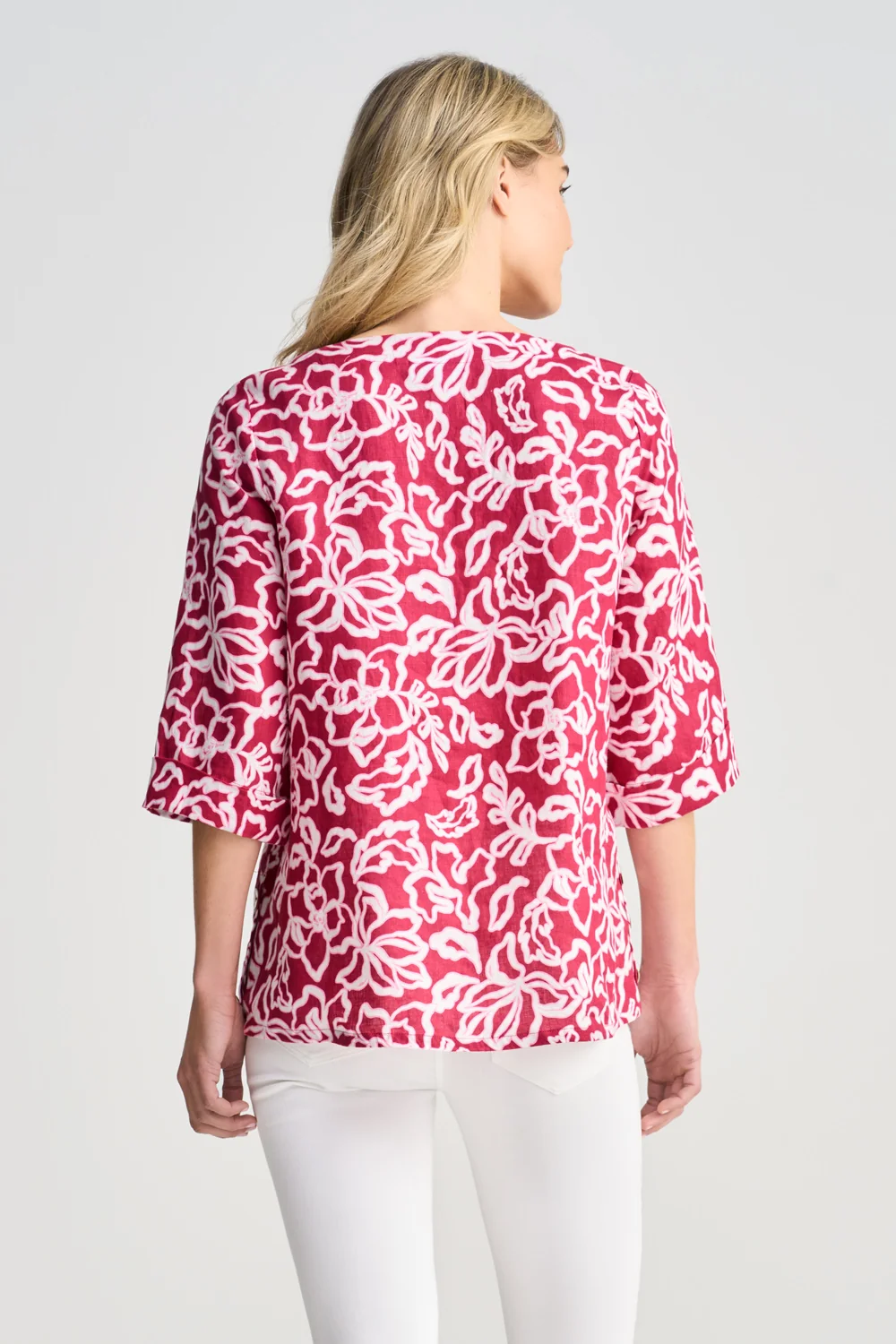 French Linen Button Detail Top - Pink White Floral - Image 4
