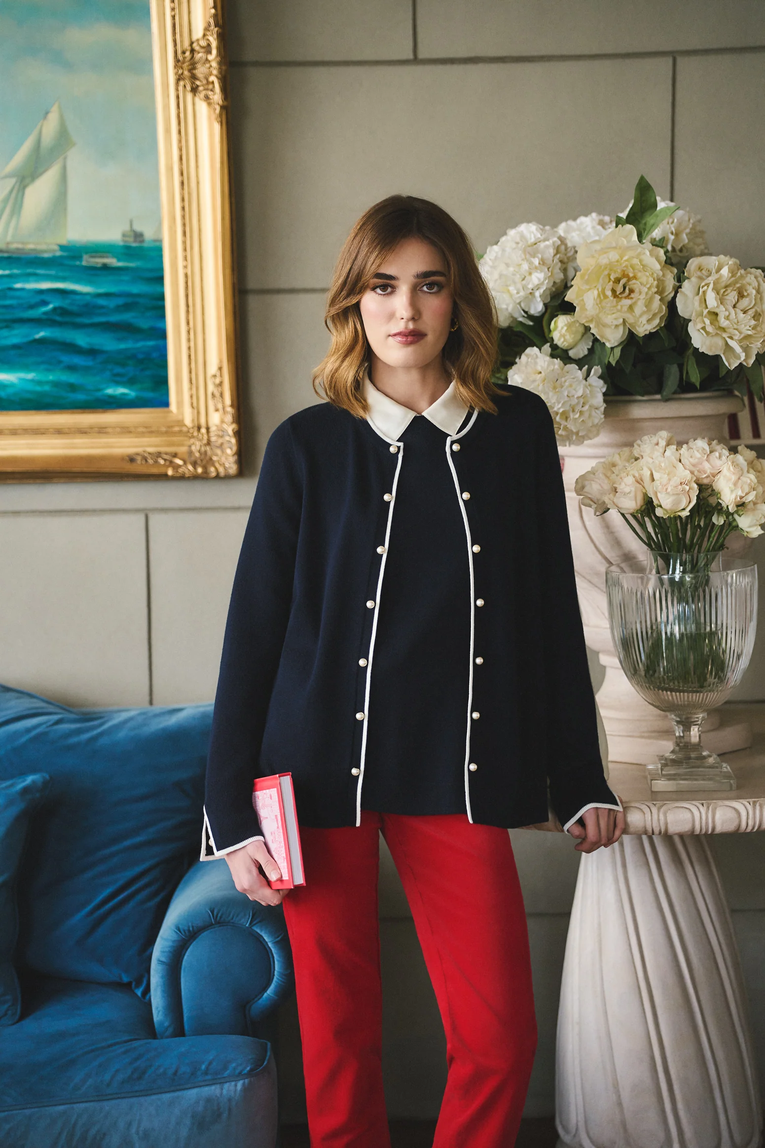 Contrast Rib Cardigan - French Navy / White - Image 2