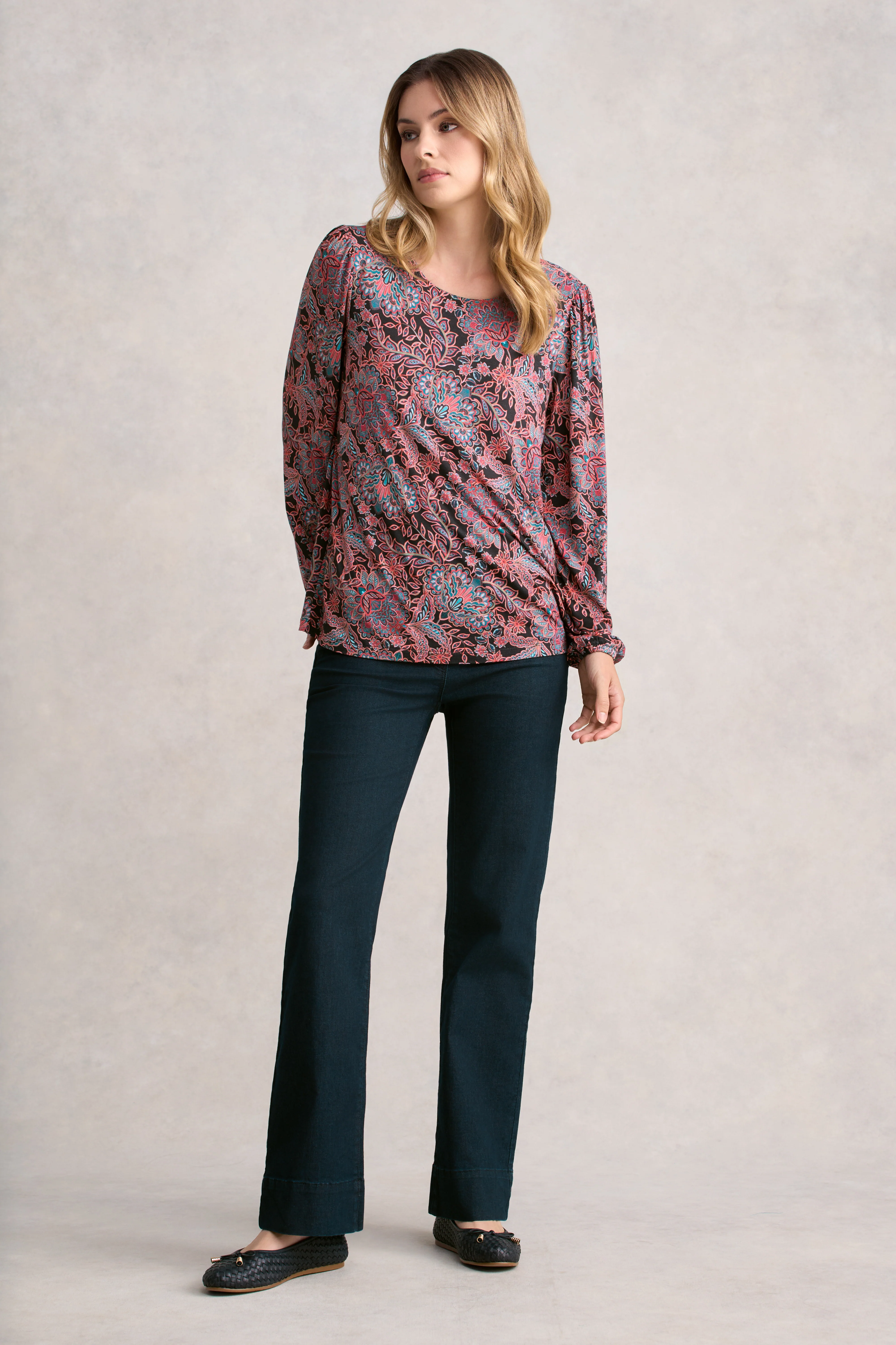 Printed Long Sleeve Scoop Neck Top - Intricate Floral