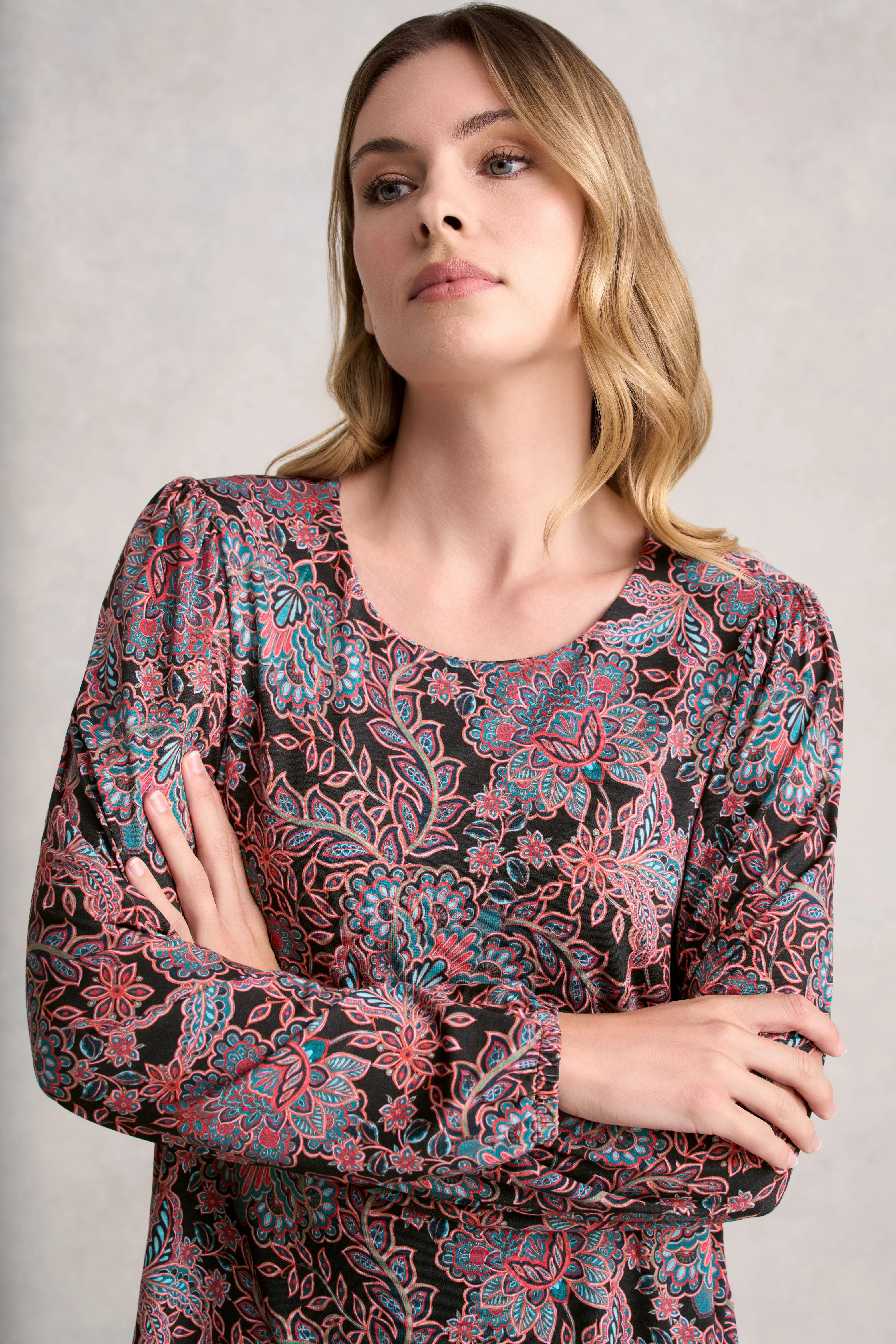 Printed Long Sleeve Scoop Neck Top - Intricate Floral - Image 4