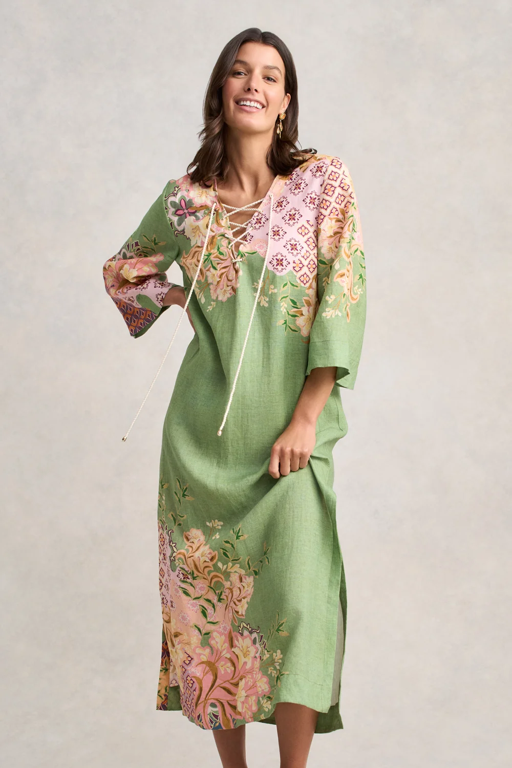 Linen Kaftan Dress - Patchwork Print - Image 3