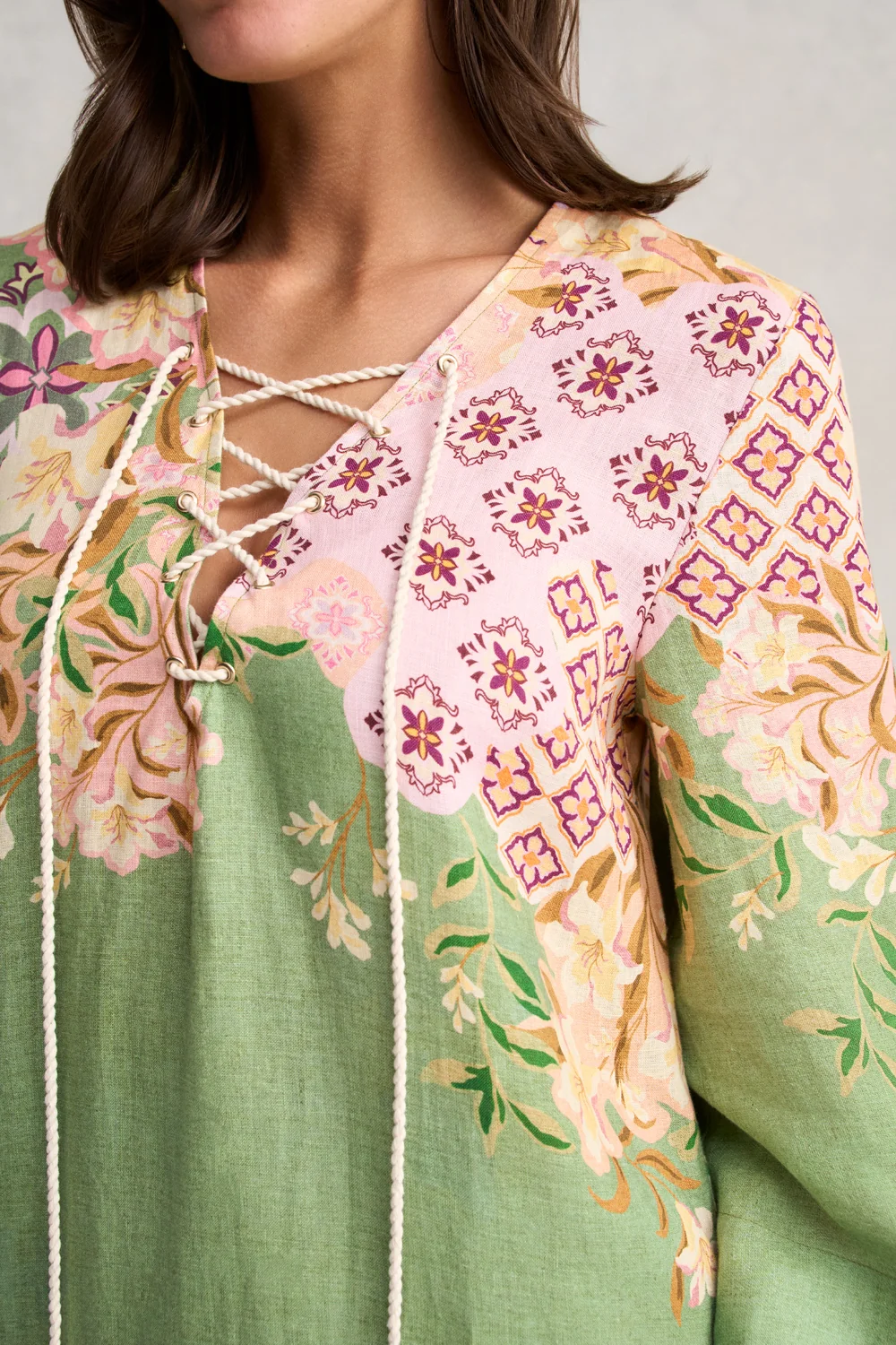 Linen Kaftan Dress - Patchwork Print - Image 4