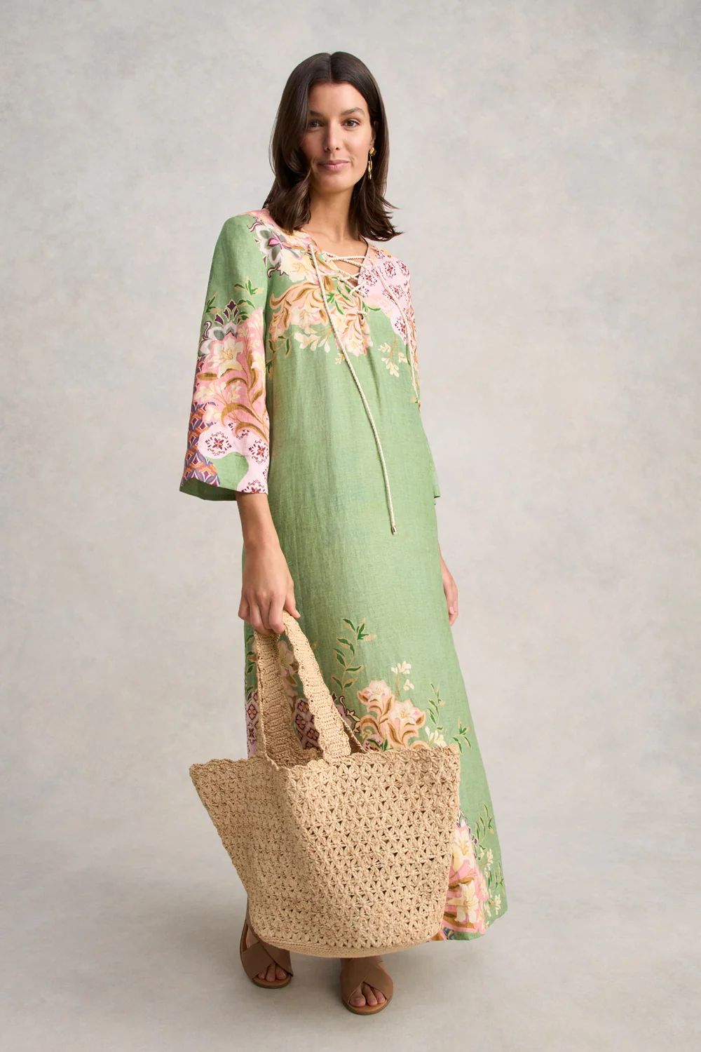 Linen Kaftan Dress - Patchwork Print - Image 5