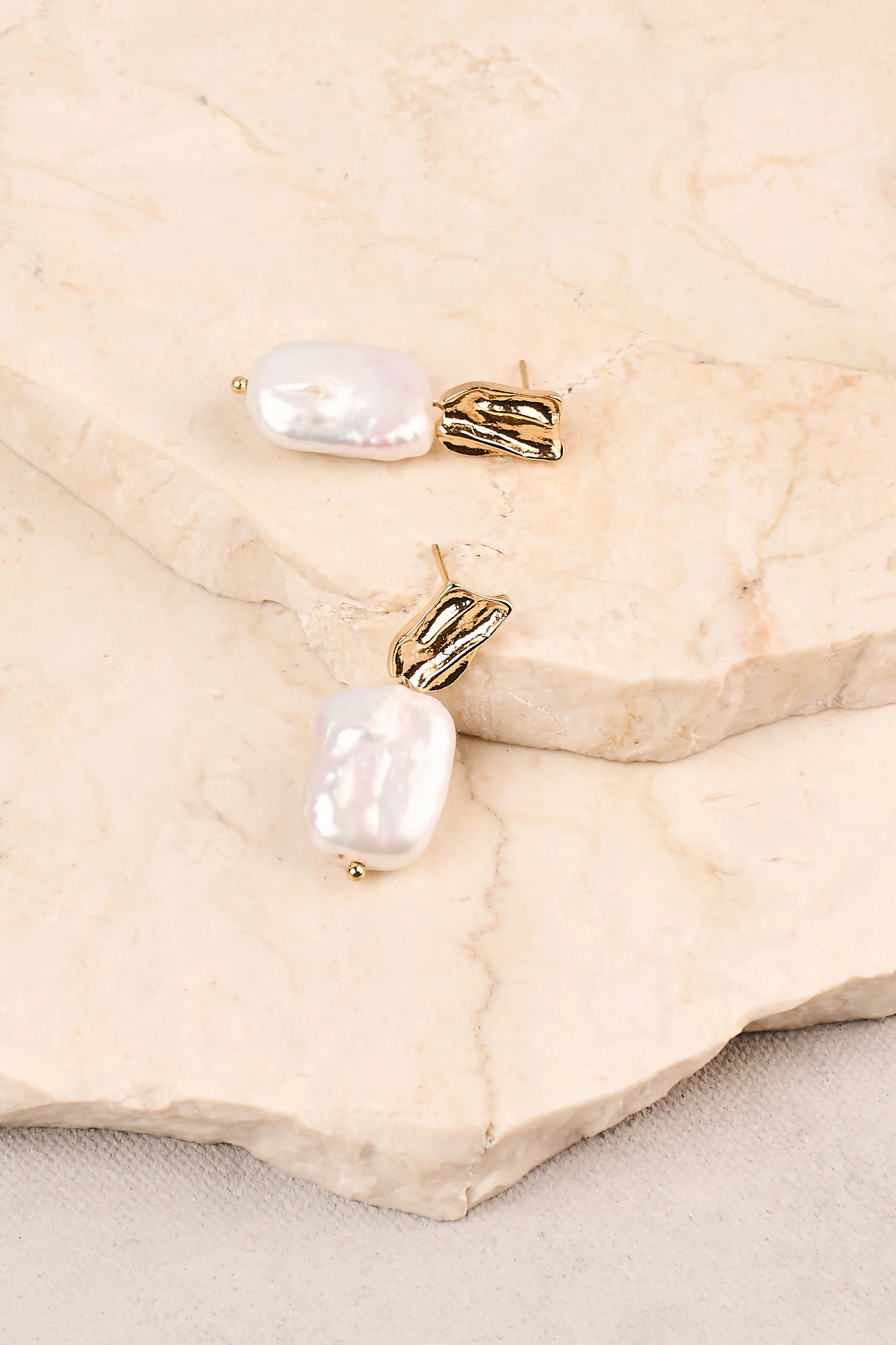 Textured Drop Pearl Earrings - Gold