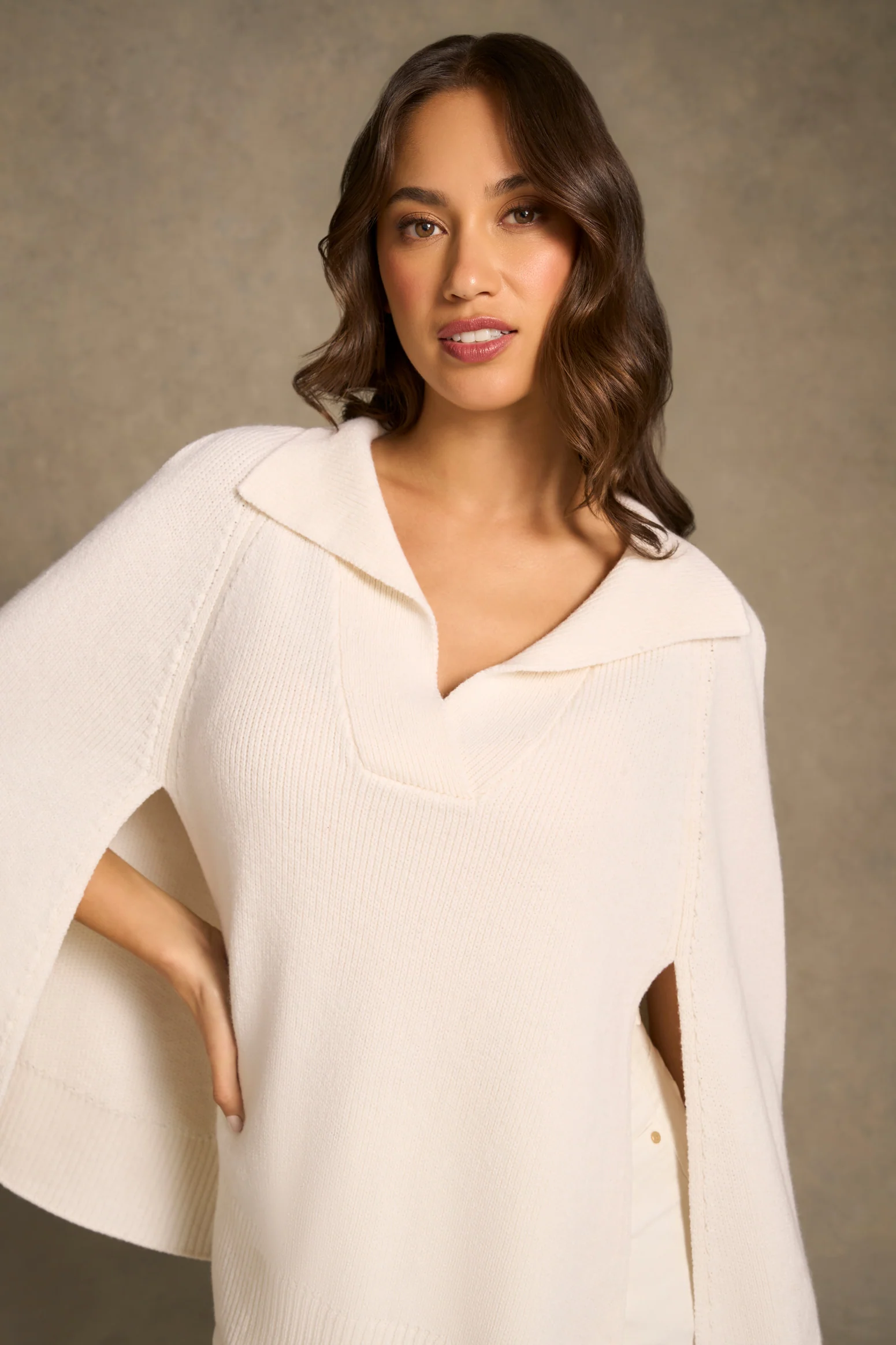 V Front Poncho - Cream - Image 2