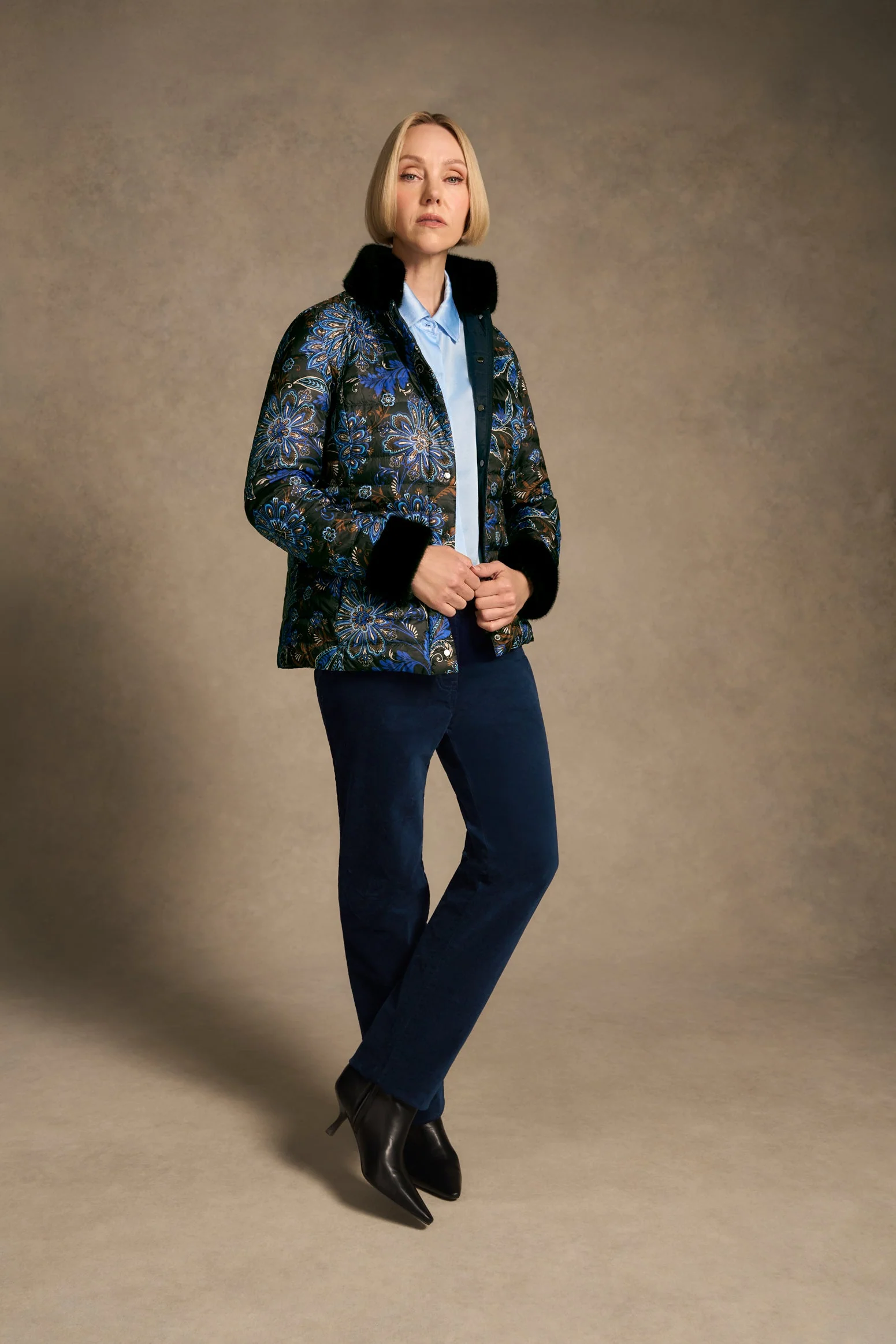 Fur Trim Reversible Puffer - Indigo Chintz Print - Image 4
