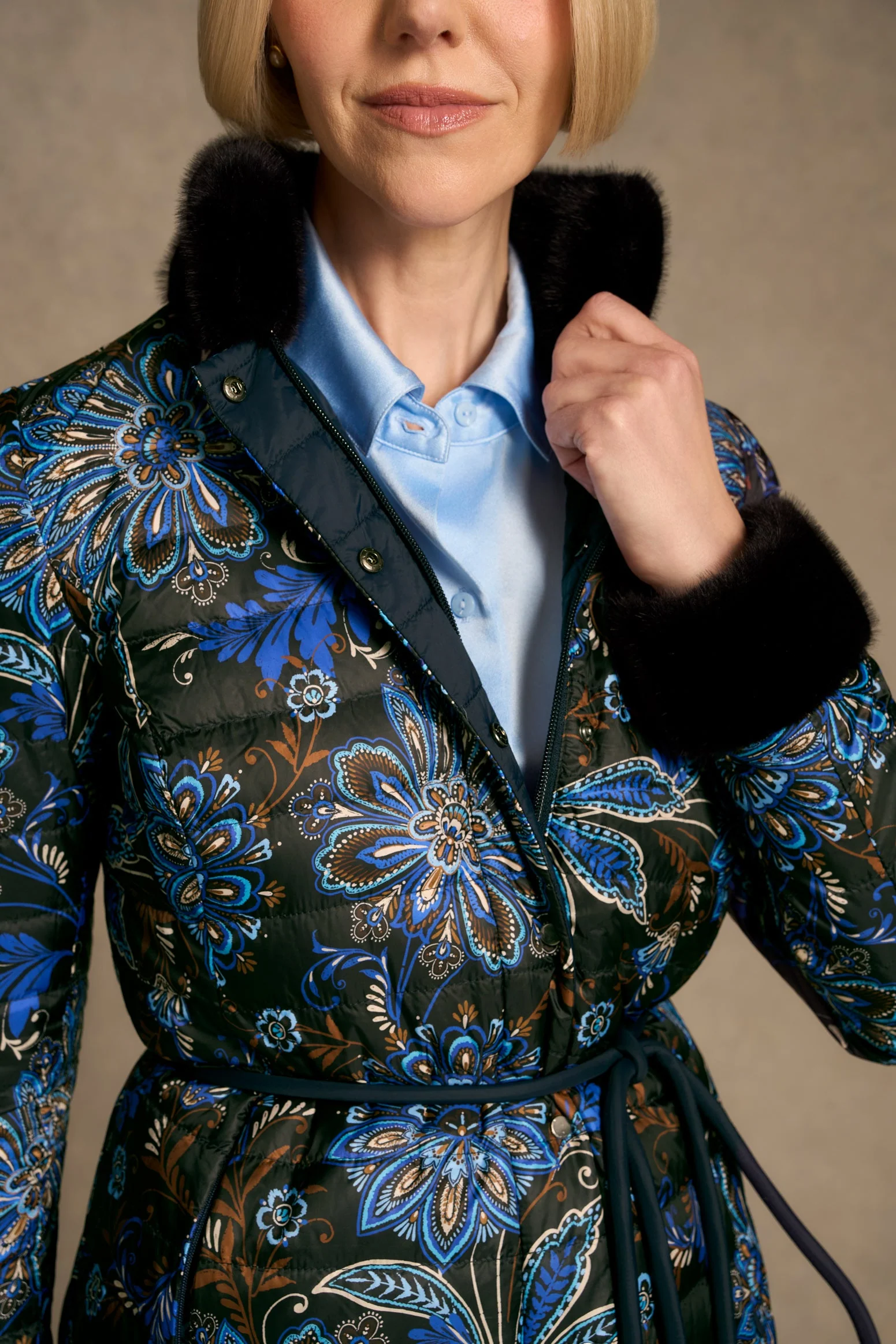 Fur Trim Reversible Puffer - Indigo Chintz Print - Image 5