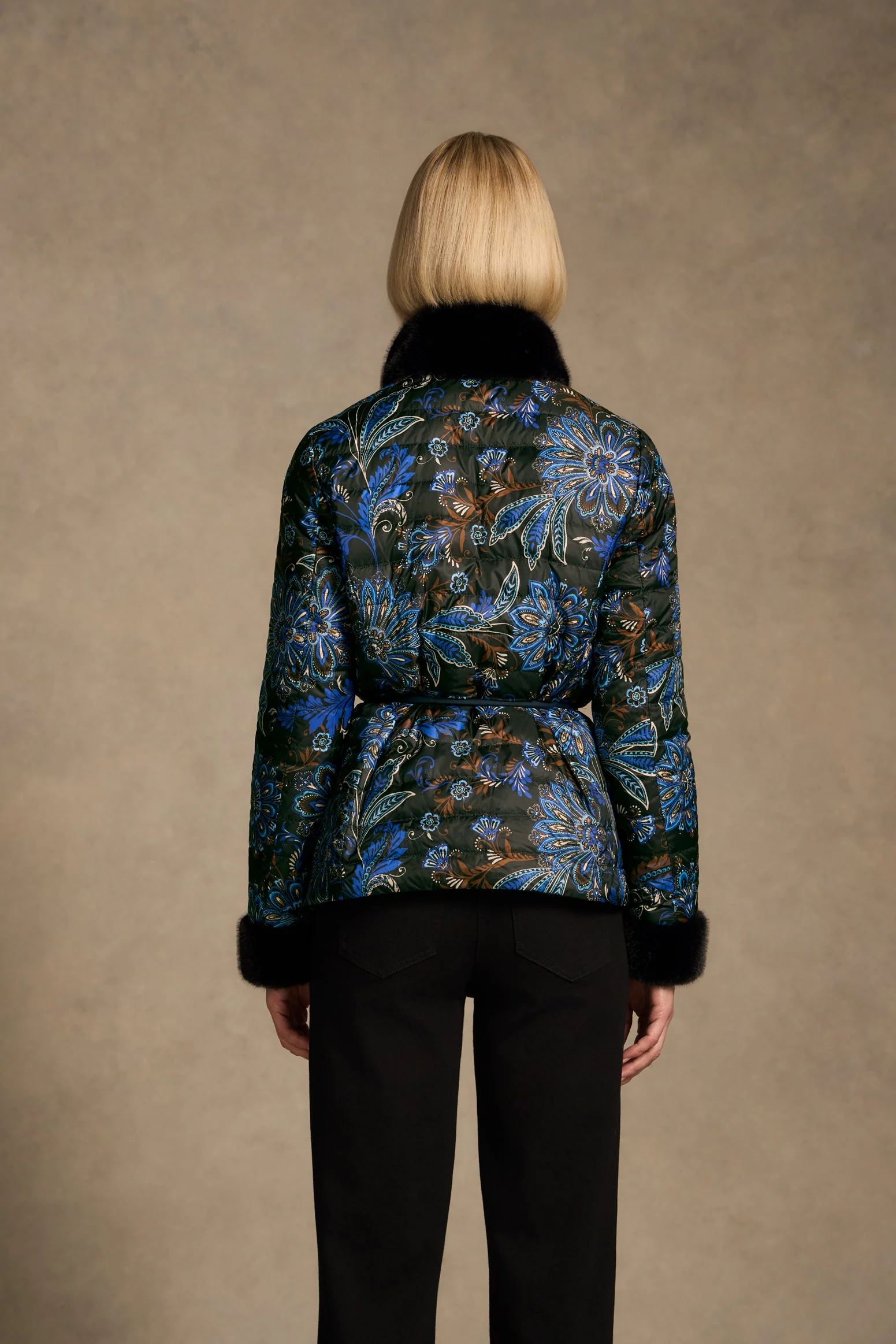Fur Trim Reversible Puffer - Indigo Chintz Print - Image 7