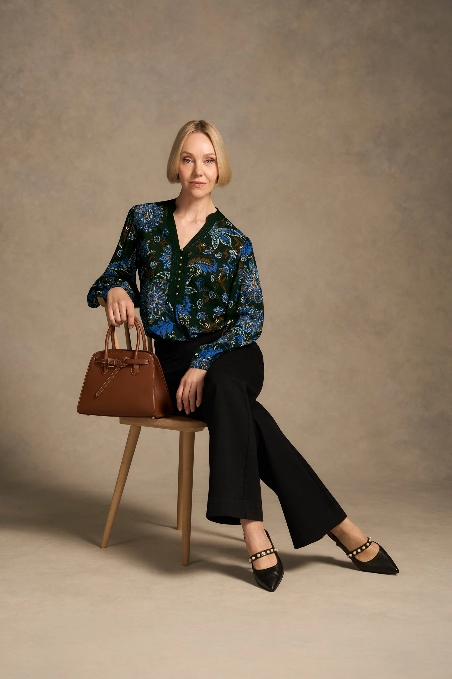 Notch Neck Blouse - Indigo Chintz Print - Image 2