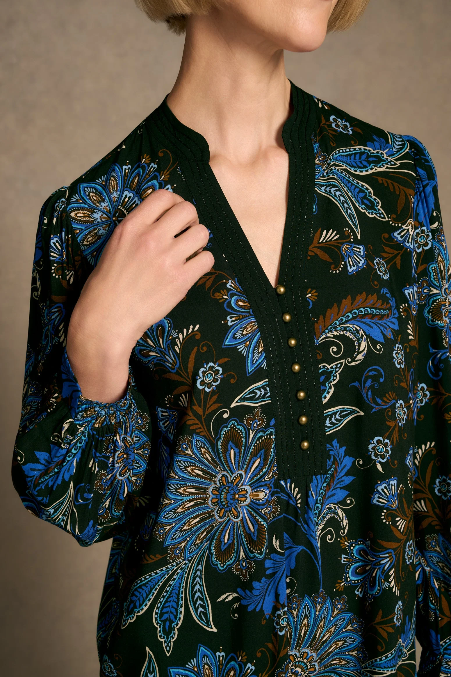 Notch Neck Blouse - Indigo Chintz Print - Image 3