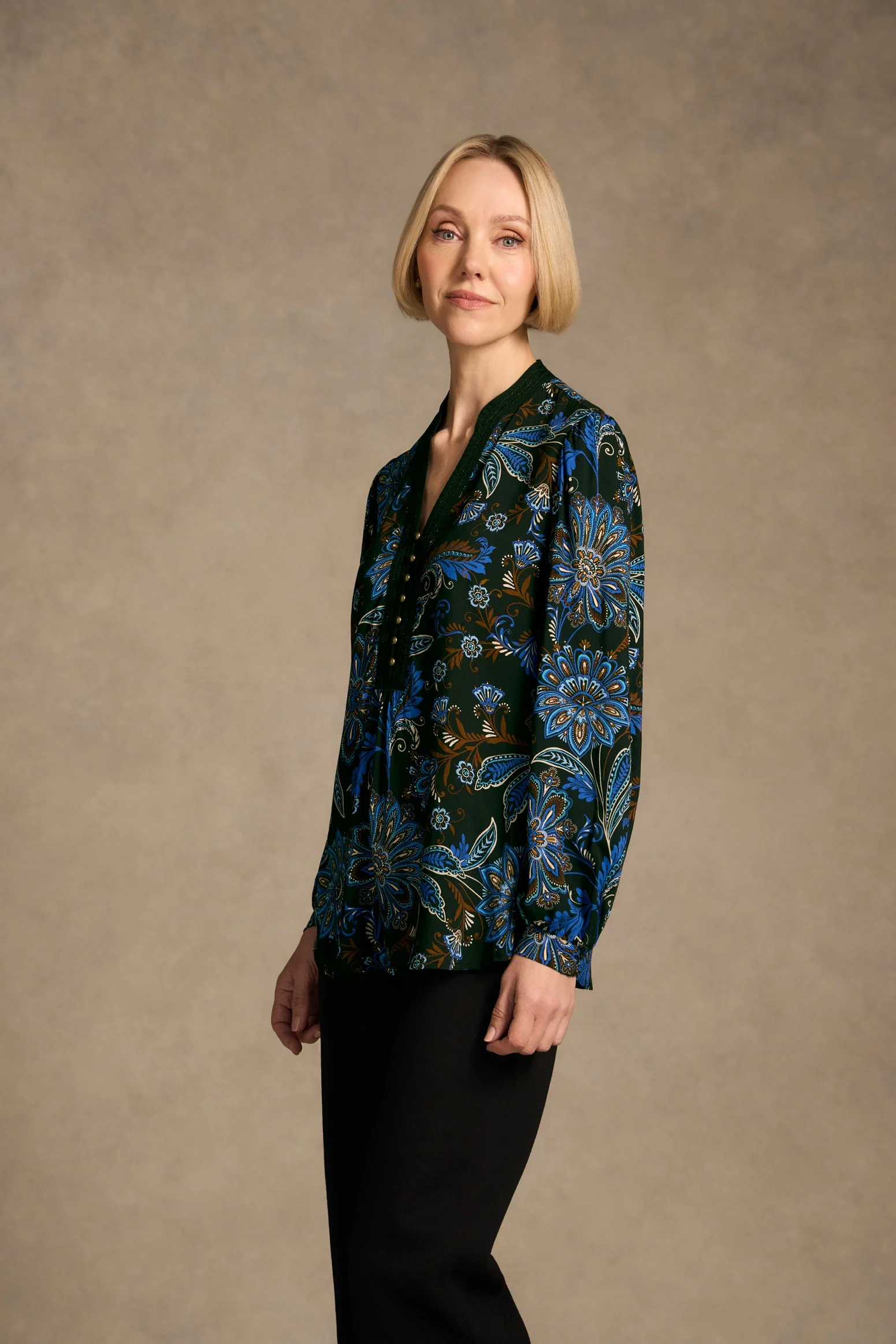 Notch Neck Blouse - Indigo Chintz Print - Image 4