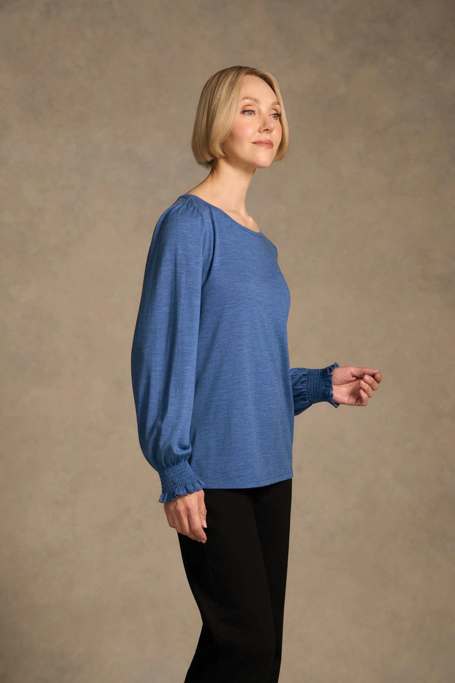 Shirred Cuff Merino Top - Bluebell Marle - Image 2