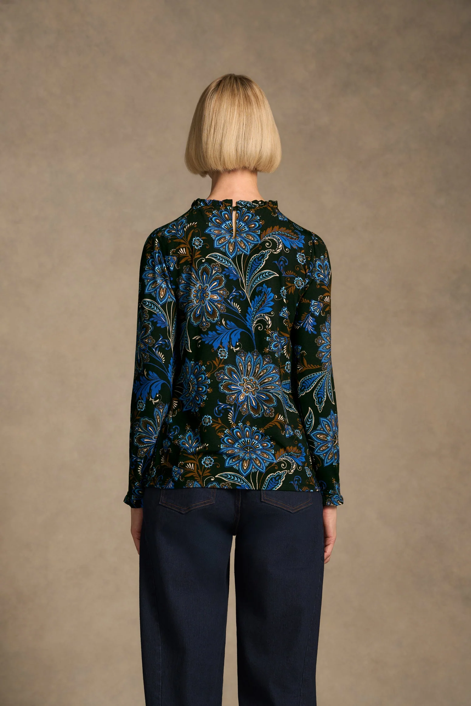 Soft Frill Detail Top - Indigo Chintz Print - Image 6